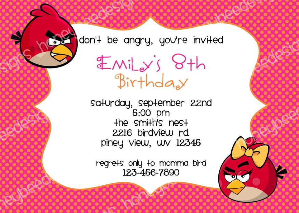   Angry Birds Birthday Party Invitations Personalized Printable Pink