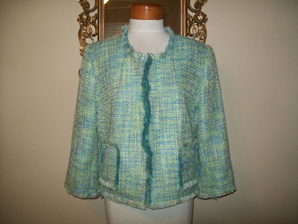 Harris Wallace Petites jacket long sleeve fringed trim woven tweed 