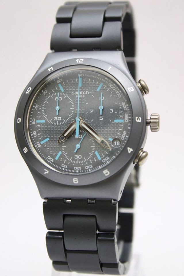 New Swatch Men Irony Chrono Gray Coat Aluminum Band Date Watch 40mm 