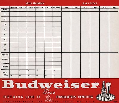 Old bridge score sheet BUDWEISER BEER bottle pictured Anheuser Busch 
