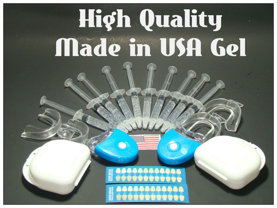 Teeth Whitening Kit Made in USA (10) Gels Trays Cases White Lights 