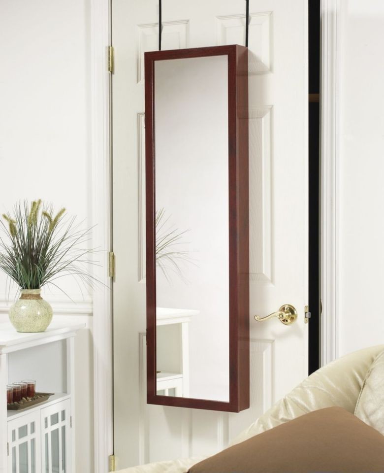 MIRROR JEWELRY ARMOIRE ORGANIZER OVER DOOR OR WALL HANG CHERRY FREE 