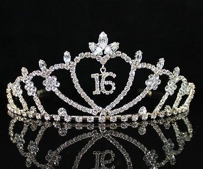   16 RHIESTONE TIARA CROWN WITH COMBS PARTY JEWELRY T538 GOLD TONE