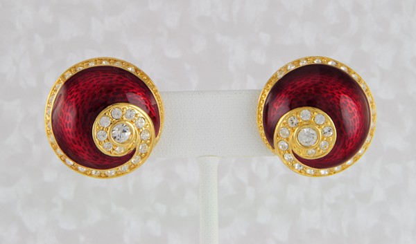   Kennedy JBK Collection Red Enamel & Crystal Clip Button Earrings