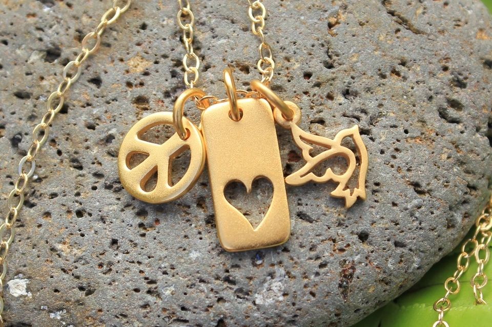 Peace Love and Joy gold charm cluster necklace  peace sign, heart, and 