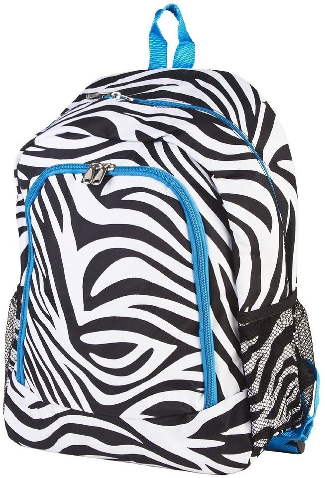 16.5 Black & White Zebra Animal Print Blue Trim Padded Backpack 