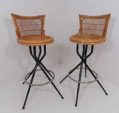   Set of Two wicker chair rattan & metal spider legs swivel bar stools