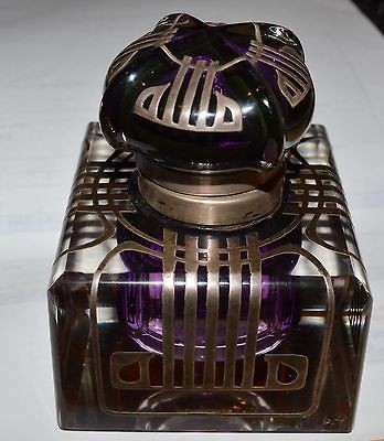 Stunning Austrian Silver Overlay Purple Glass Art Deco Inkwell marked 