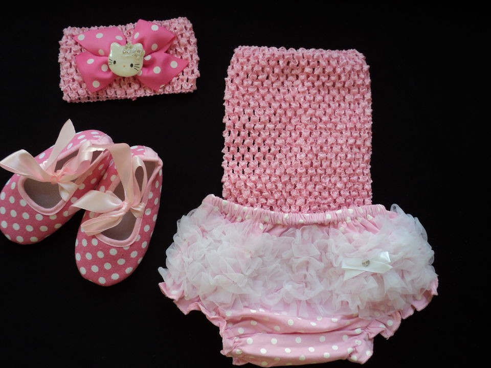 Polka dot baby bloomers set w/crochet top, crib shoes, and Hello Kitty 