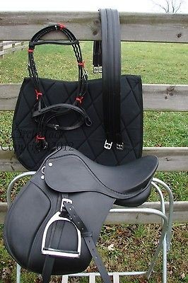   AP BLK LEATHER SADDLE SET BRIDLE/REIN/LEATHER/IRON/GIRTH/BLK PAD BIT