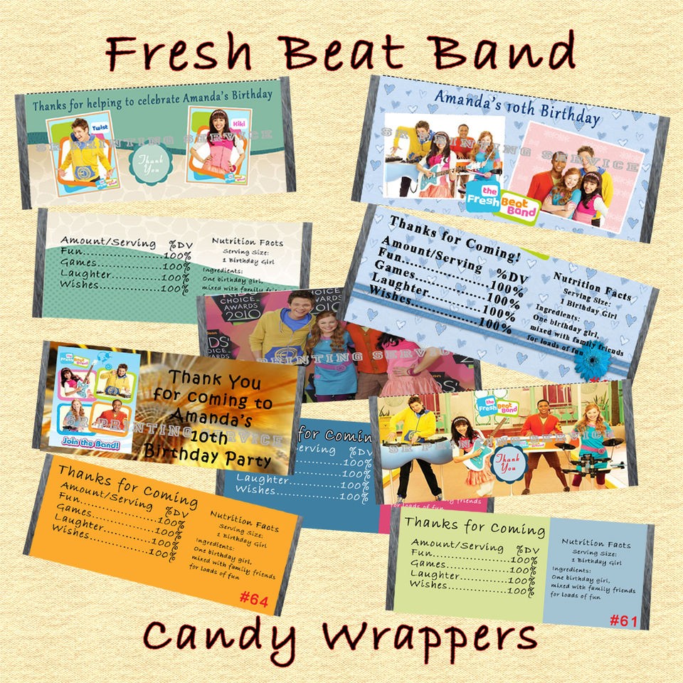Fresh Beat Band Birthday Candy Wrappers 20 each Personalized Custom 