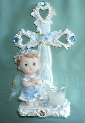 LARGE BABY ANGEL IN BLUE FOR BAPTISM NICE CENTERPIECE with candle 