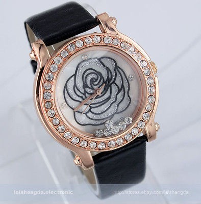 Crystal Rose Leather Fashion Quartz Wrist Watch Men Lady Women 6 