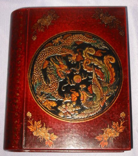 Newly listed Chinese old leather Wood carved Dragon Phoenix Book Box
