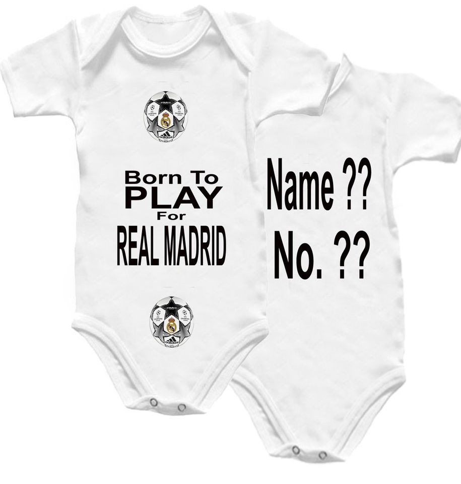 real madrid football baby shirt onesie babygro name no more