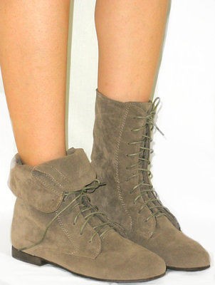 SO SOFT Fold Over Lace Up Boot Flat Ankle Bootie Calf High*Faux Suede 