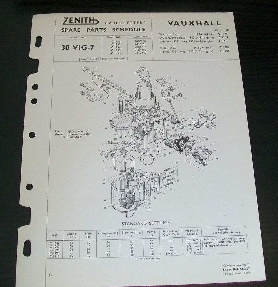 VAUXHALL VELOX & WYVERN ZENITH 30 VIG 7 CARBURETTER SPARE PARTS LIST 