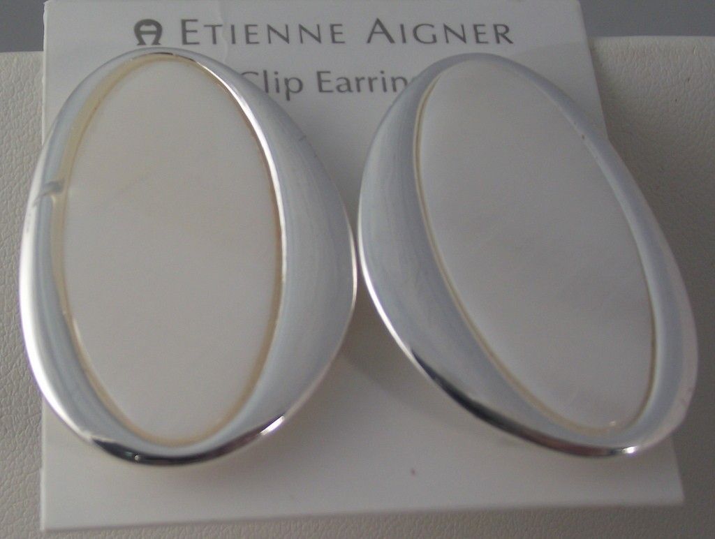 NEW Etienne Aigner Large Silver White Shell Clip on Earrings NWT