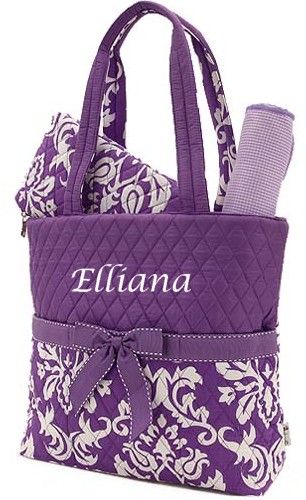 Personalized Monogrammed 3 pc Baby Diaper Bag  Purple DAMASK w Bows 
