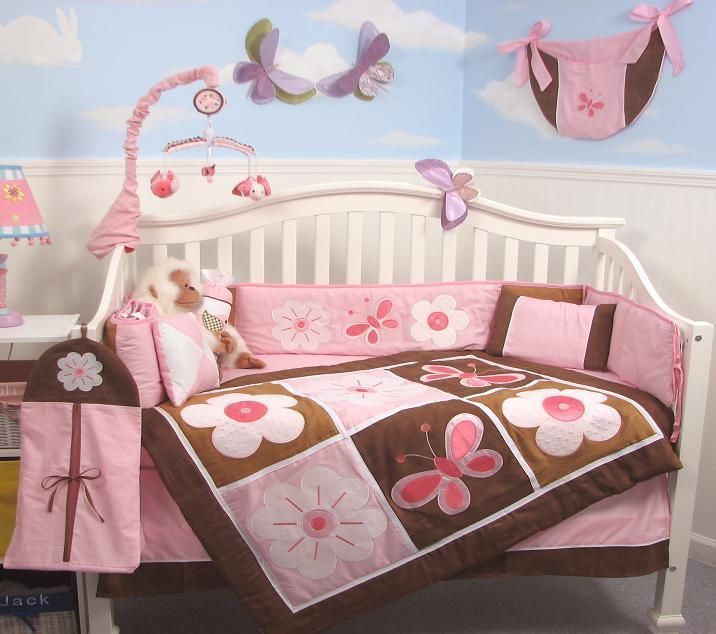 Pink Brown Floral Garden Baby Crib Bedding 13 Pcs Set Included Diaper 