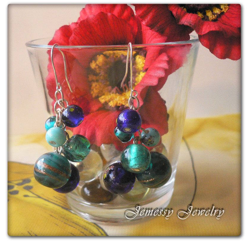 Vintage Style Blue Green Balls Beads Dangle Earrings