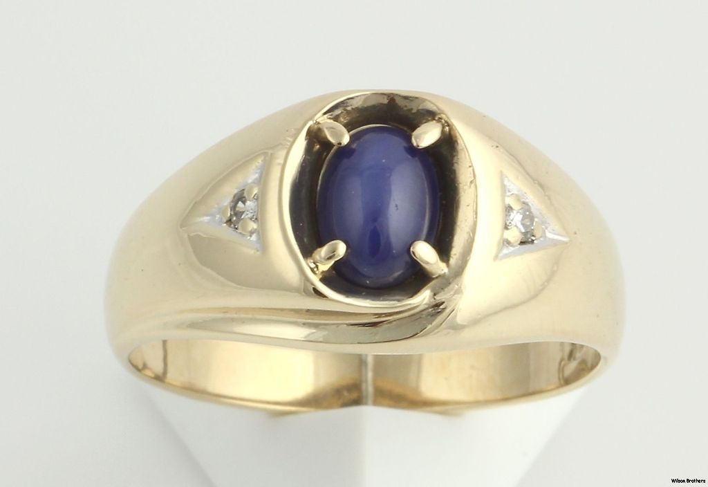 00ct Synthetic Star Sapphire Mens Ring   10k Yellow Gold .04ctw 