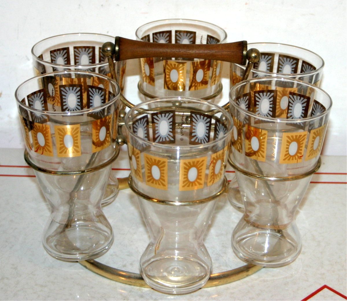 Vintage Barware Set of 6 Hi Ball Cocktail Glasses in a Metal Rack Fred 