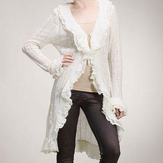 White Bari Sweet Cascading Ruffle Long Cardigan Sweater Coat 14 C148 S 