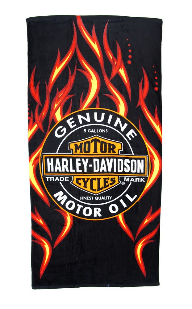 Harley Davidson Oil Label and Flames Beach Towel 30 in. X 60 in.