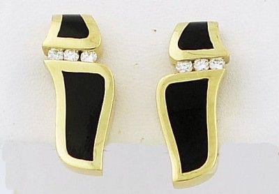 Excellent 18K Y G Bernard K Passman Diamond Earrings with Black Coral 