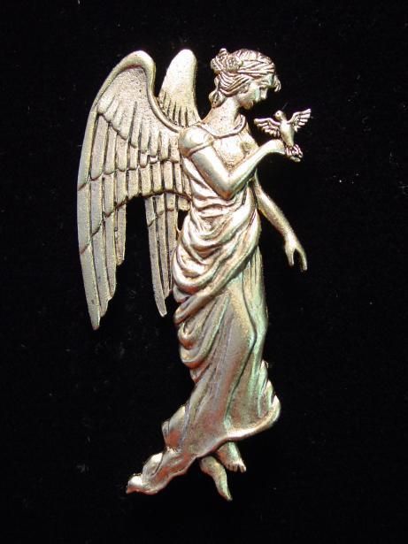 JJ Antique Gold Pewter Angel Holding Bird in Hand Pin
