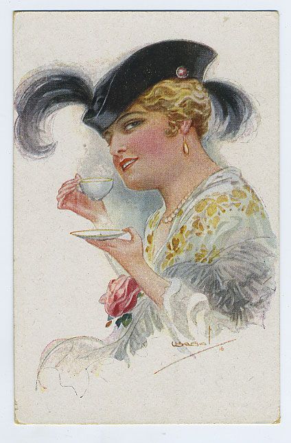 Art Usabal Tea Coffee Time Feathers Lady 1910s Postcard