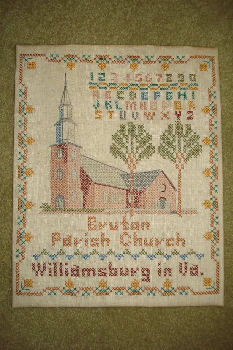 1950s Bruton Parish Church Williamsburg VA Completed Cross Stitch on 