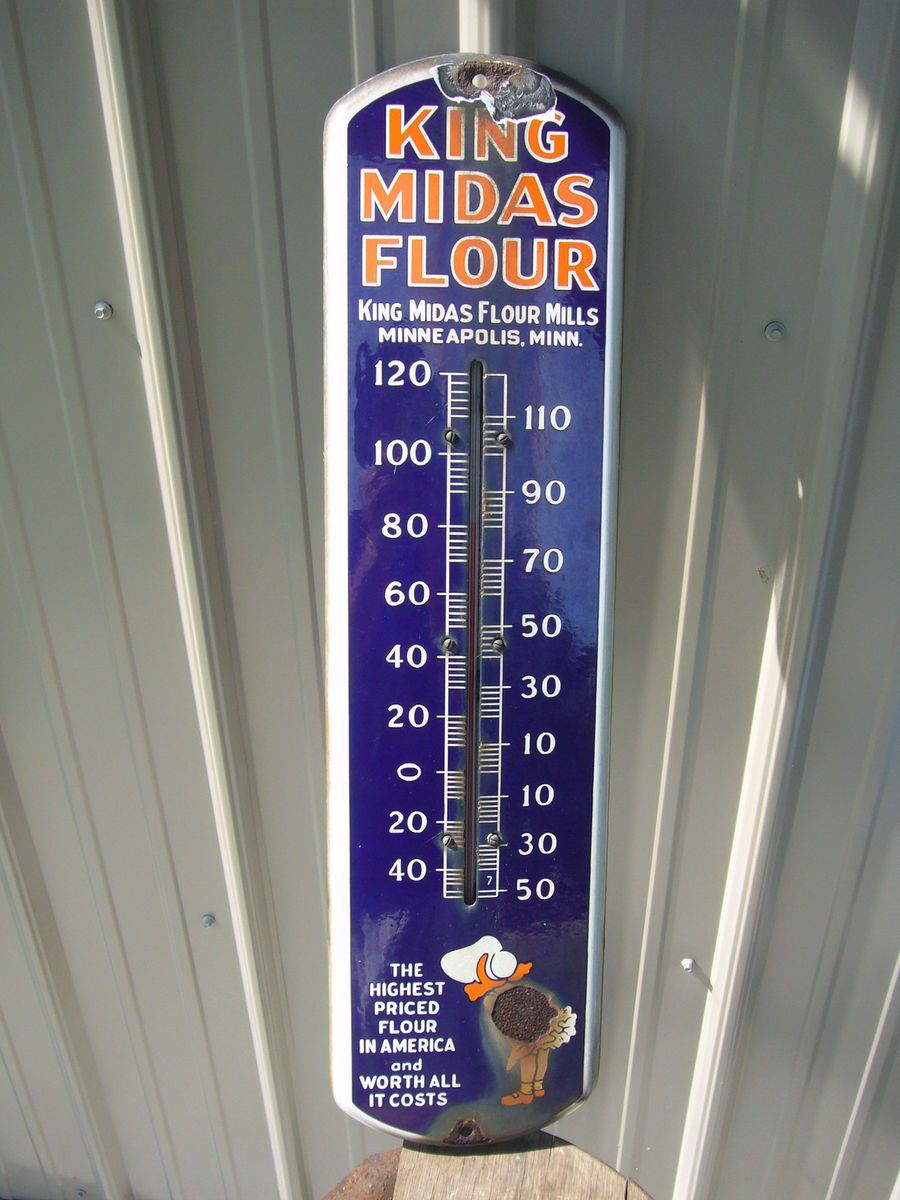 Original Porcelain King Midas Flour Advertising Thermometer Sign 