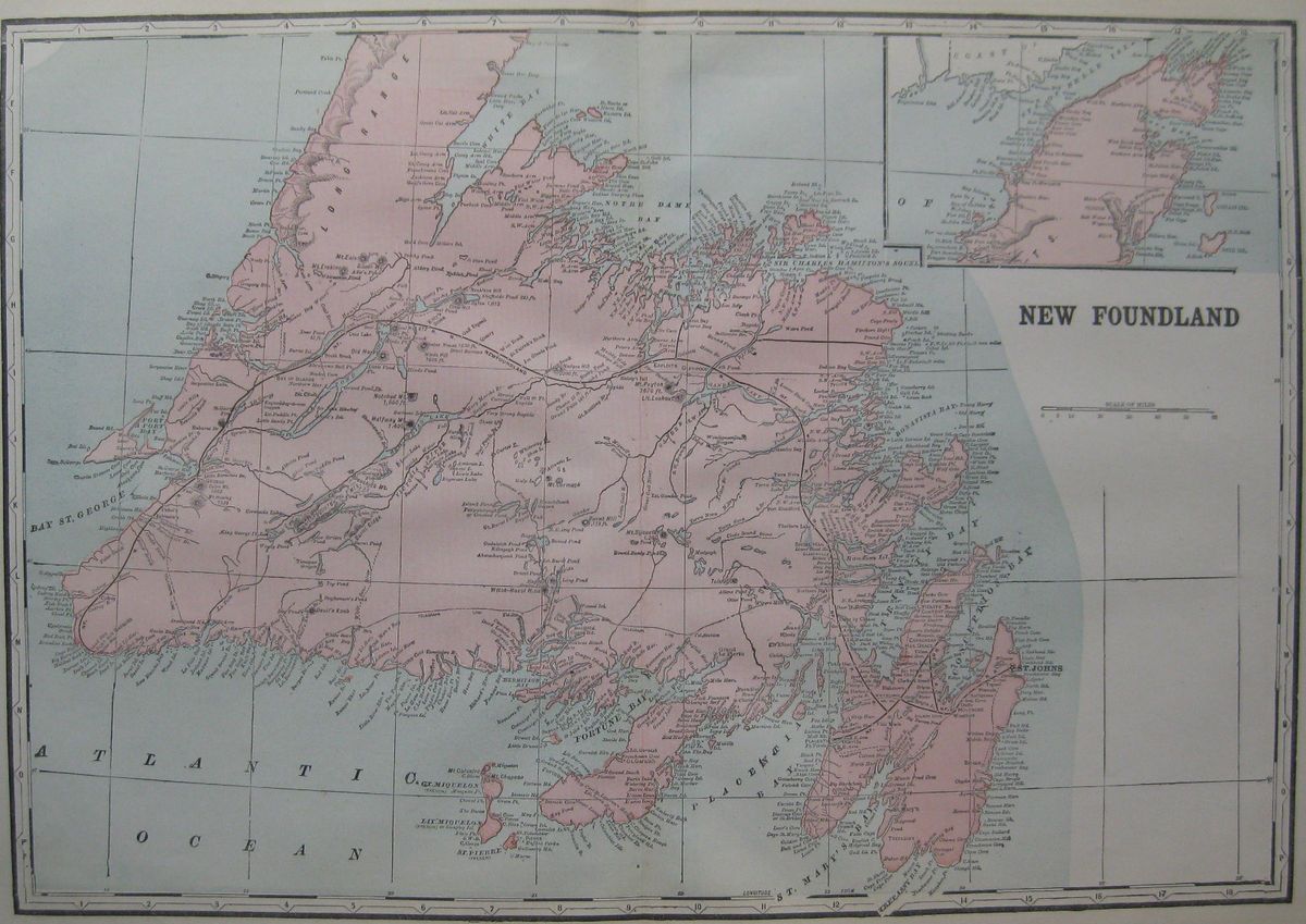 1899 Map of NEWFOUNDLAND Canada Antique 1800s Vintage Atlas Map
