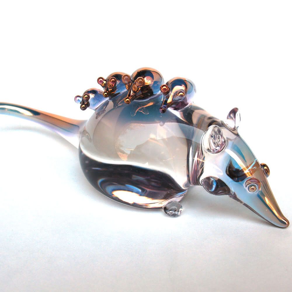 Opossum Mother and Family Figurine of Hand Blown Glass