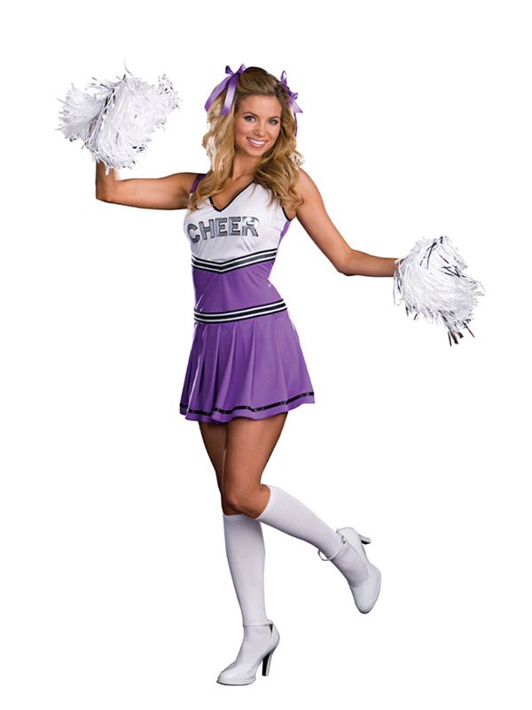 Sexy Cheer Leader Purple Pleated Skirt Uniform Dress Pom Pom Costume 