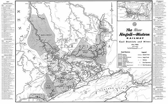 Norfolk Western Railway Large 1960 Coal Fields Map