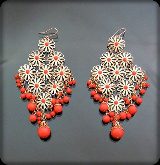 Vintage Gold GP Lace Chandelier Earrings Coral Pink New