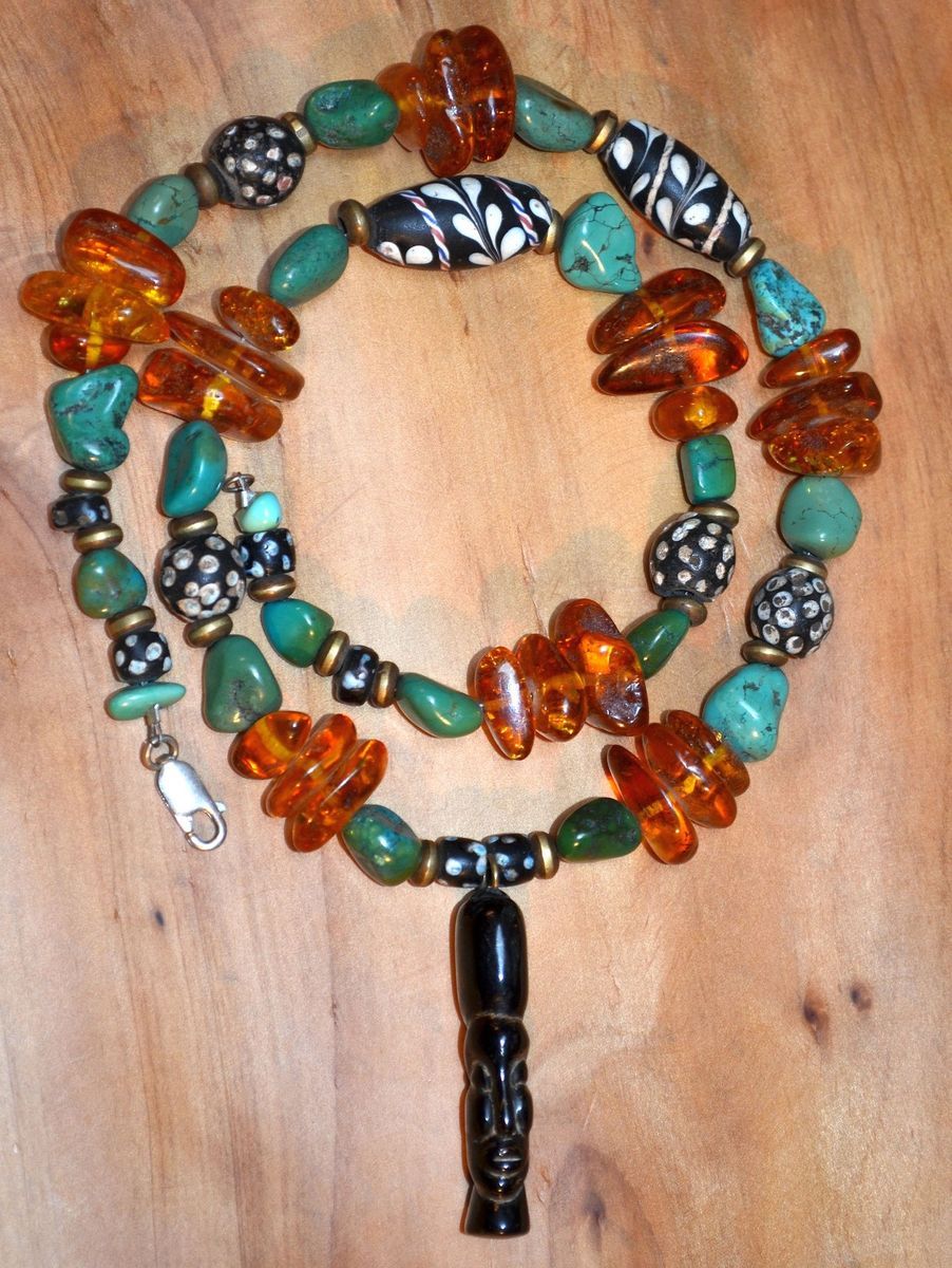  Vintage Black Coral Pendant w Antique Venetian Beads Necklace