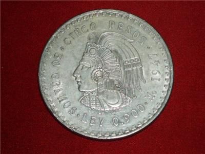 1947 Cuauhtemoc 90% Silver Aztec Ruler Cinco Pesos Mexico city Mint #