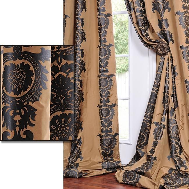  Tan with A Soft Black Print Faux Silk 108 inch Curtain Panel