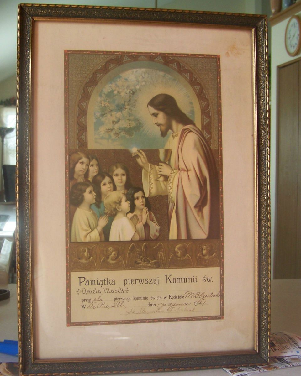  Antique 1921 Catholic Holy Communion Certificate 17x12 DePue IL Framed