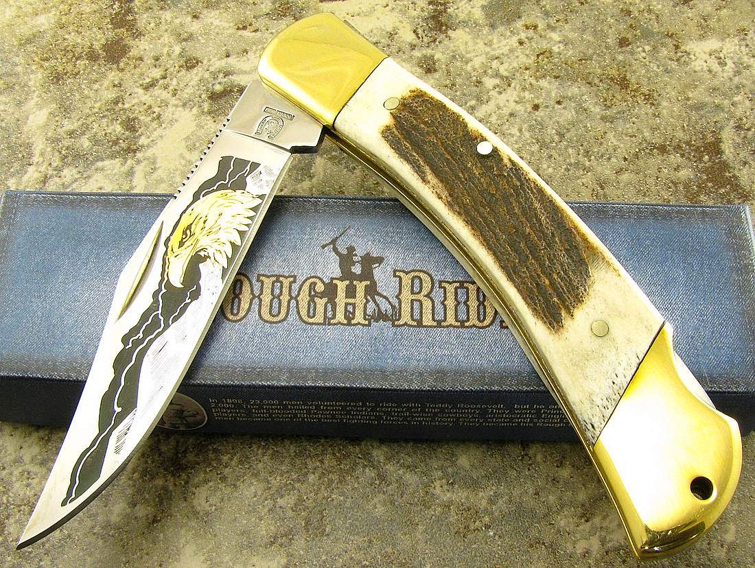 Rough Rider 5 Stag Handle Bald Eagle Etch Folding Blade Lockback