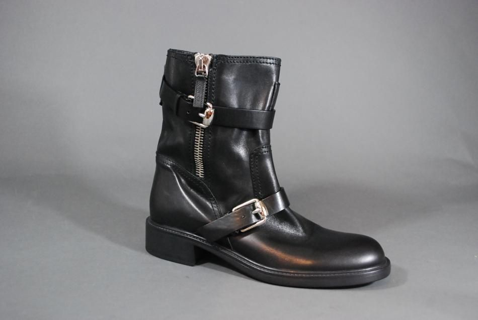 Gucci Edie Biker Boots Black Leather Zip Up Buckle Straps Ankle