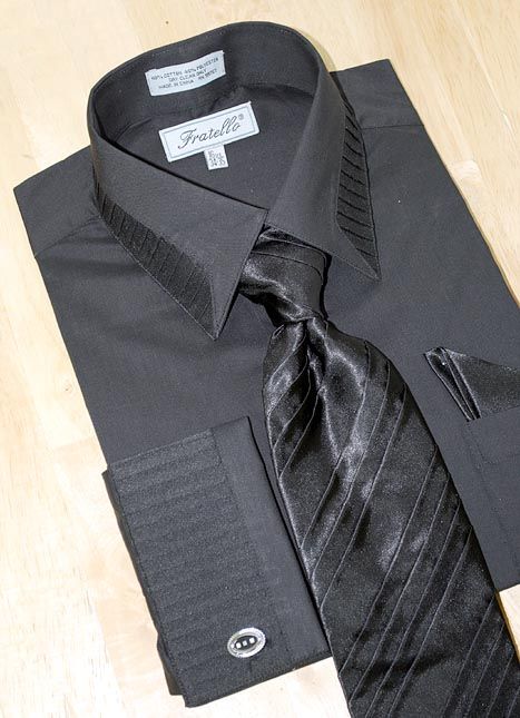 Fratello Black Pleated Collar Shirt Tie Hanky Set 2XL