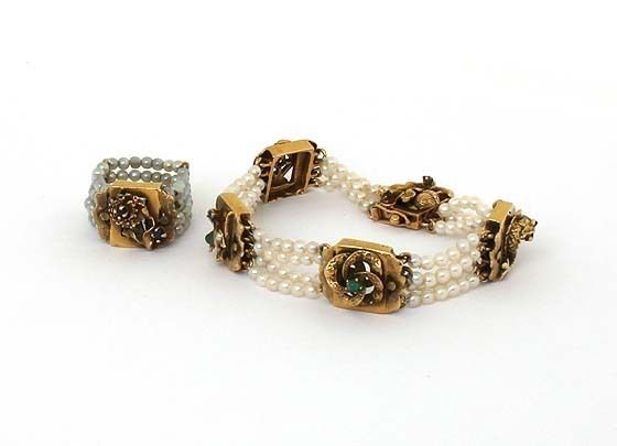 Antique 14k Gems Multi Strand Pearl Bracelet Ring Set