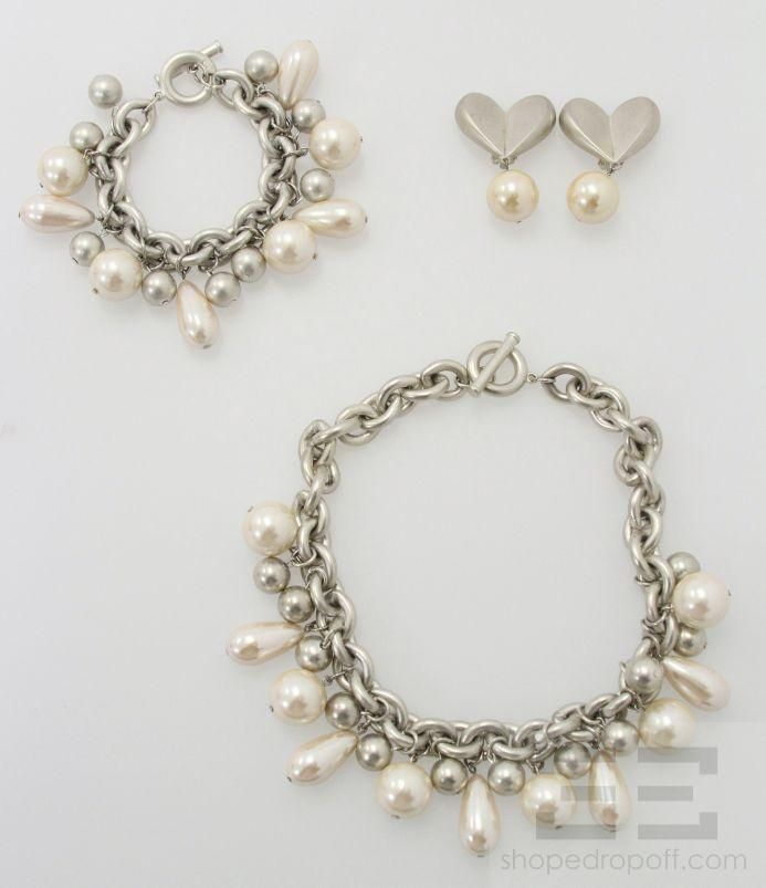 Givenchy 3 Piece Silver Chain Pearl Bead Necklace Bracelet Earrings