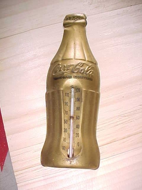 C1950s Coca Cola Coke Thermometer 7 Embossed Gold Bottle