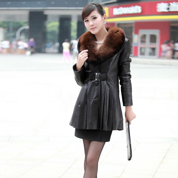 QD11865 Real Mink Fur and Sheep Leather Coats Jackets with Fox Collar